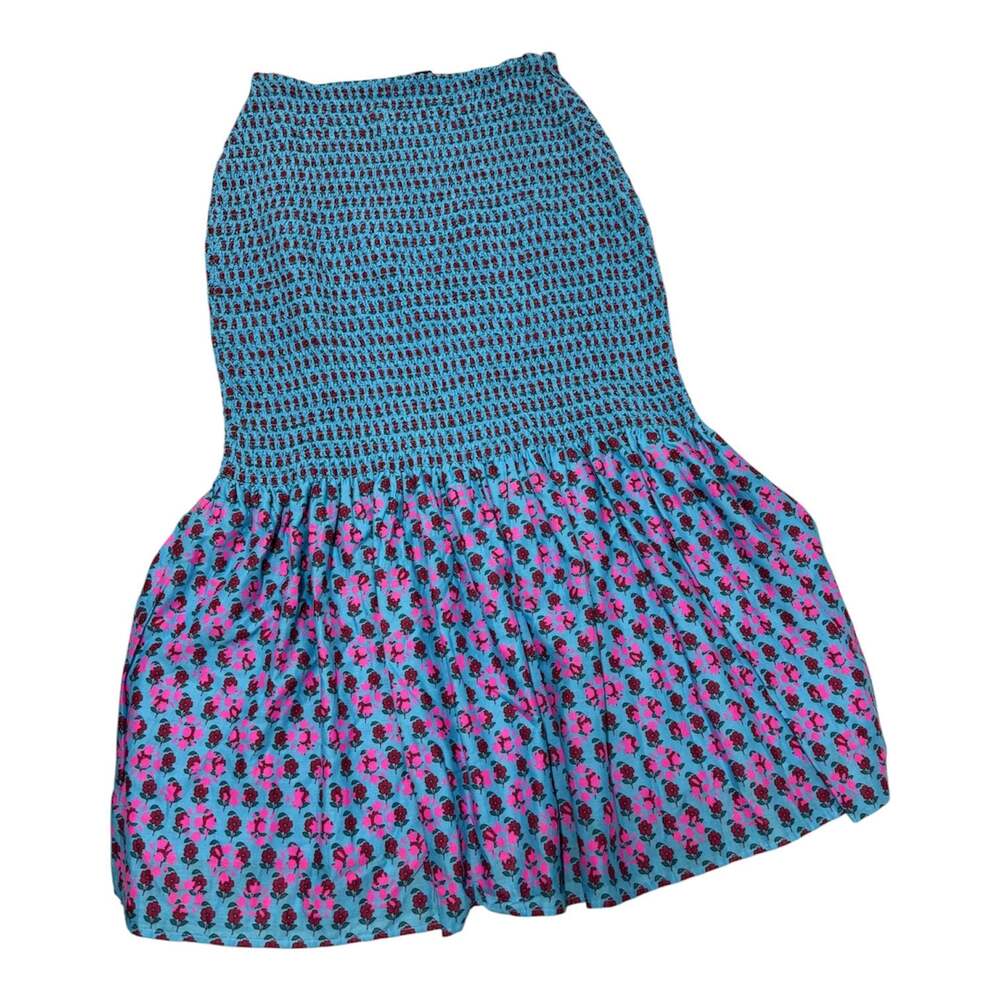 J.Crew Smocked Midi Skirt in Layered Block Print Blue Floral